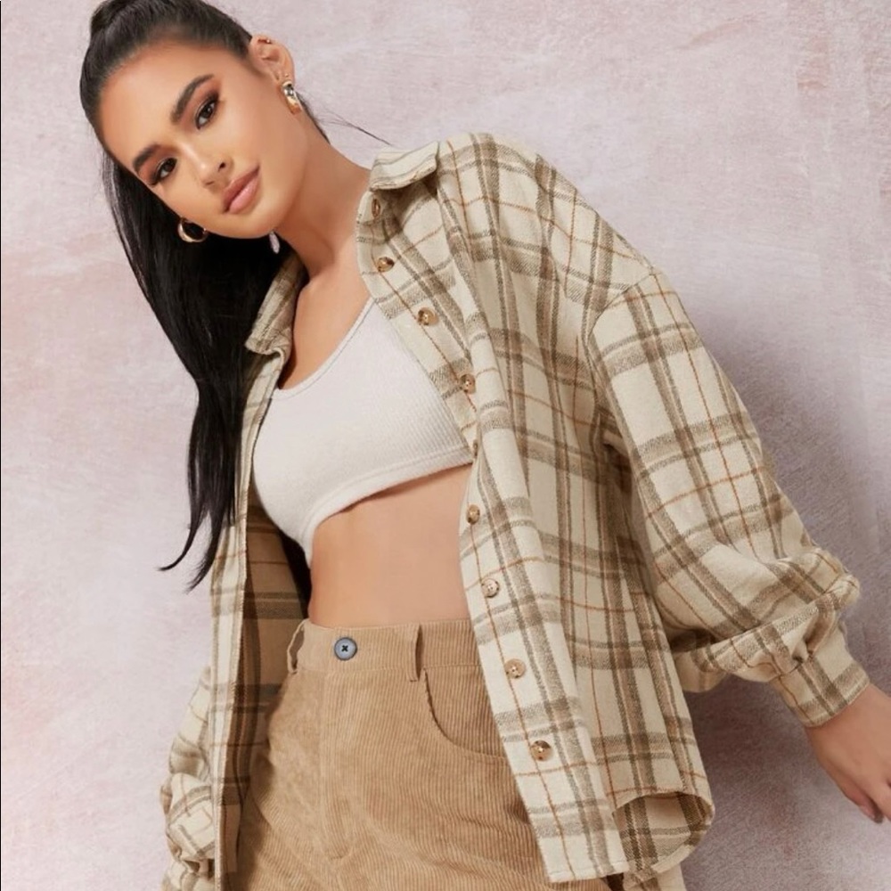 SHEIN Plaid Button-Front Boyfriend Flannel Shirt